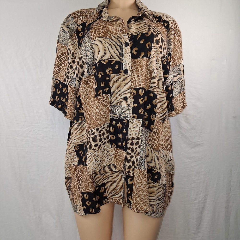 Alfred Dunner Women Brown and Black Patchwork Animal Print Button-Down Shirt
